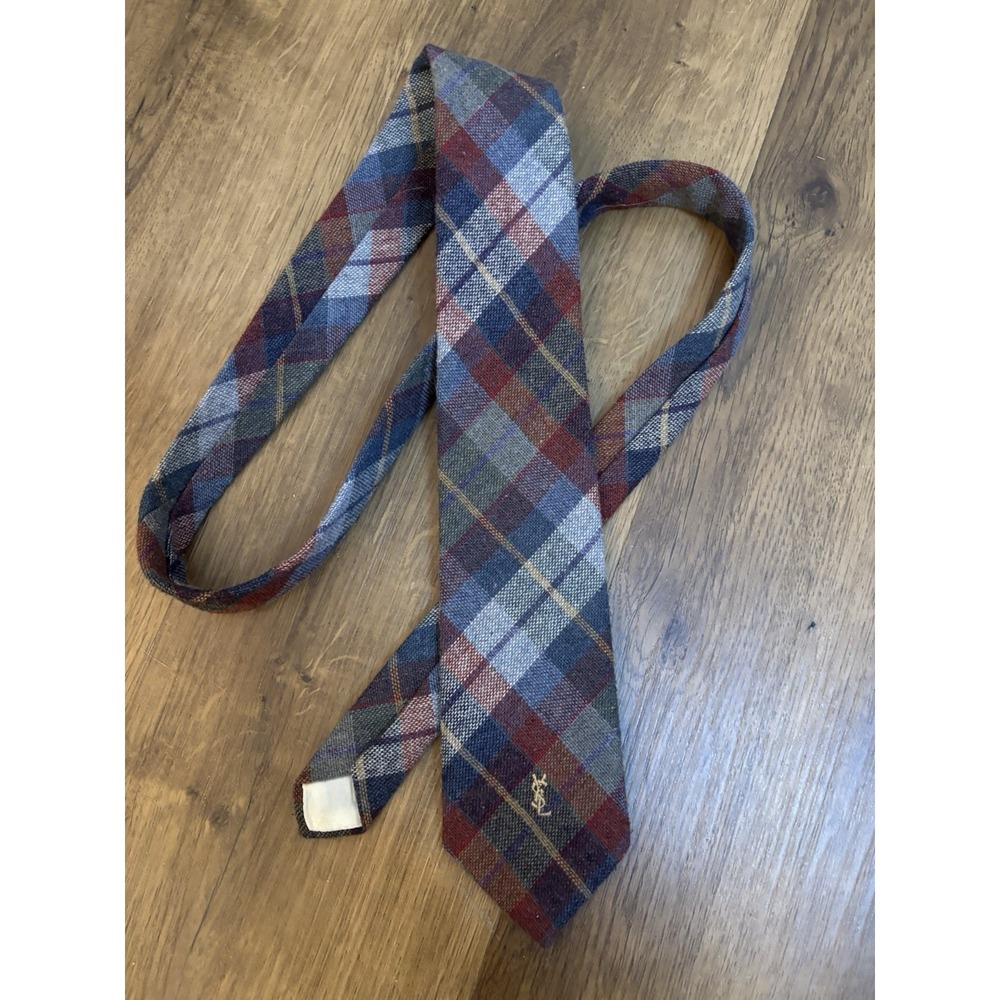 VTG YVES SAINT LAURENT Heather Mist Wool Blue Rust Gray Plaid Neck Tie 3 In YSL